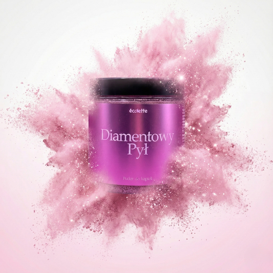 Puder do kąpieli Diamentowy Pył Écolette w aranżacji z dynamicznym wybuchem różowo-perłowego pudru symbolizującego blask.