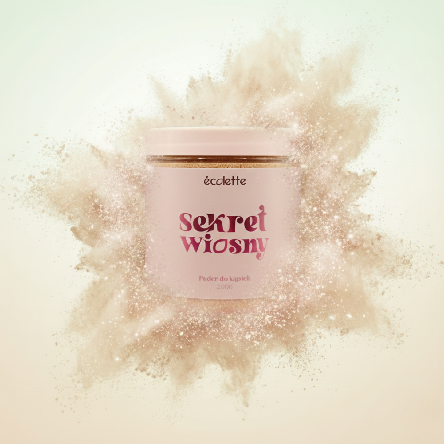 Puder do kąpieli Sekret Wiosny Écolette w aranżacji z wybuchem pastelowego pudru nawiązującego do zapachu owoców i kwiatów.