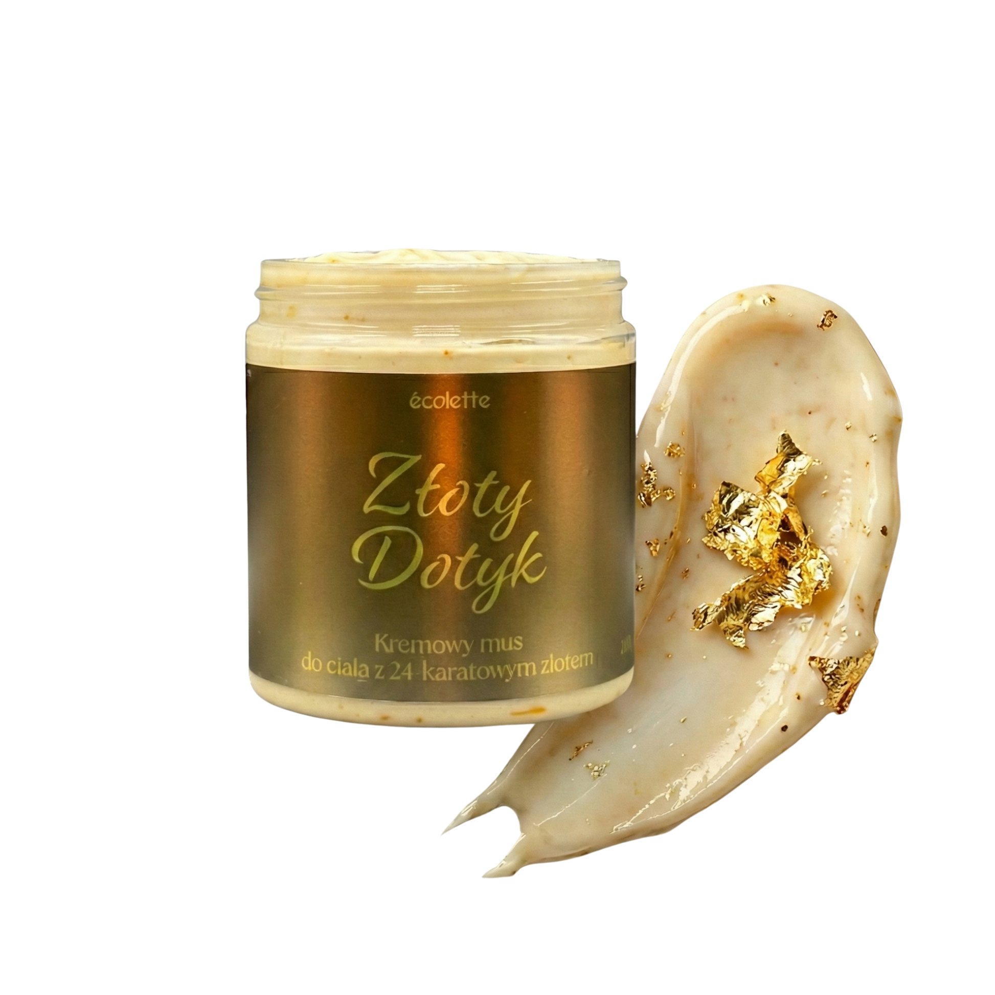 Mus do ciała Złoty Dotyk Écolette z widoczną kremową strukturą i drobinkami złota 24k.
