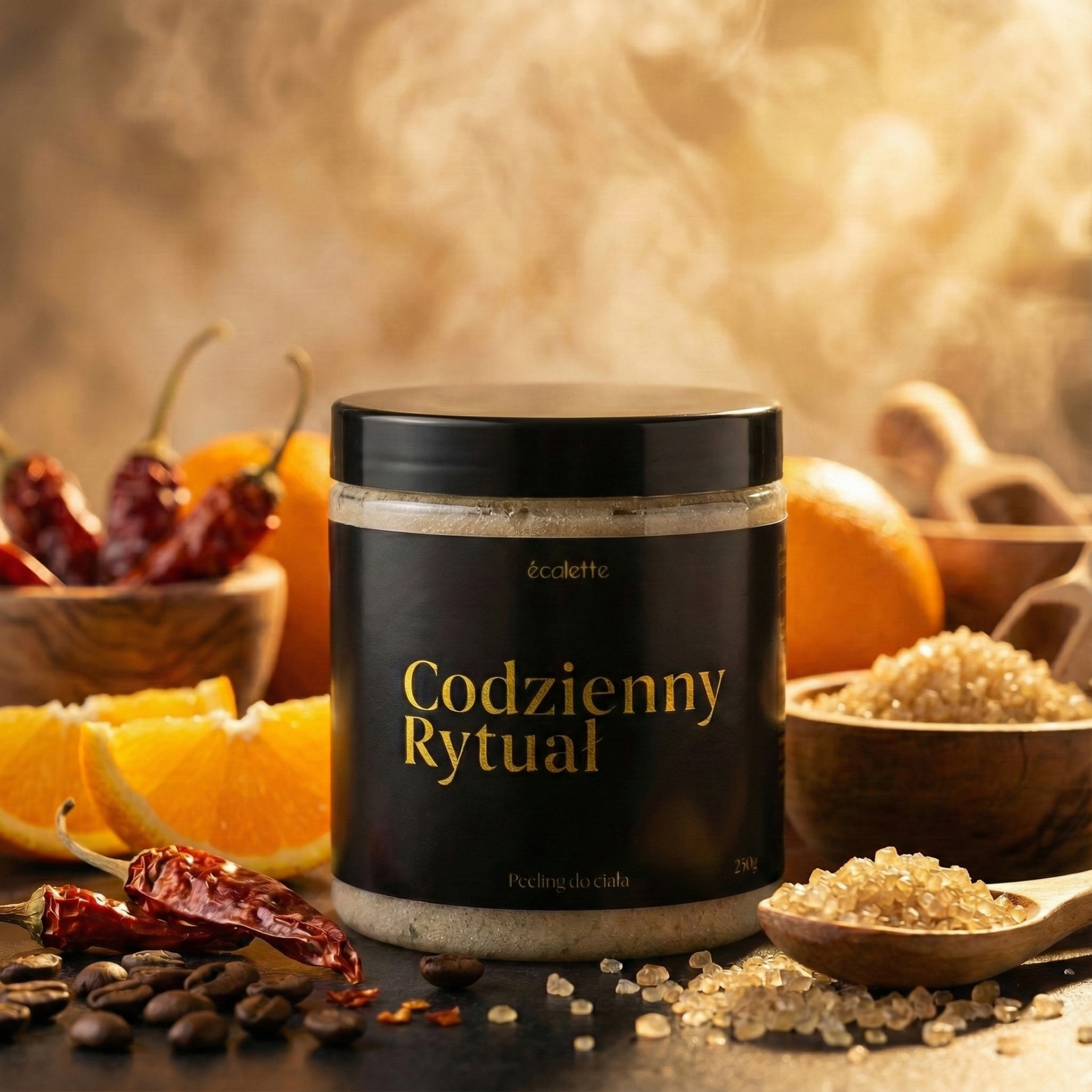 Peeling Codzienny Rytuał Écolette w aranżacji z plasterkami pomarańczy, ziarnami kawy i chili, oddający energetyczny charakter zapachu.