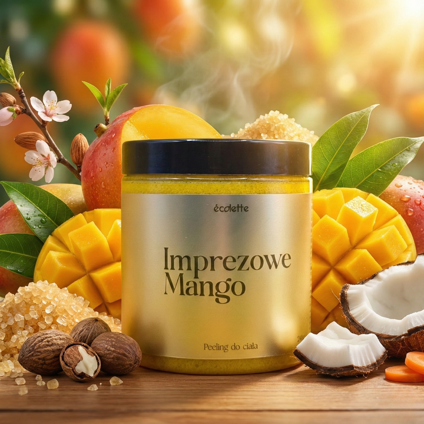 Peeling Imprezowe Mango Écolette w aranżacji z pokrojonym mango podkreślającym egzotyczny zapach produktu.