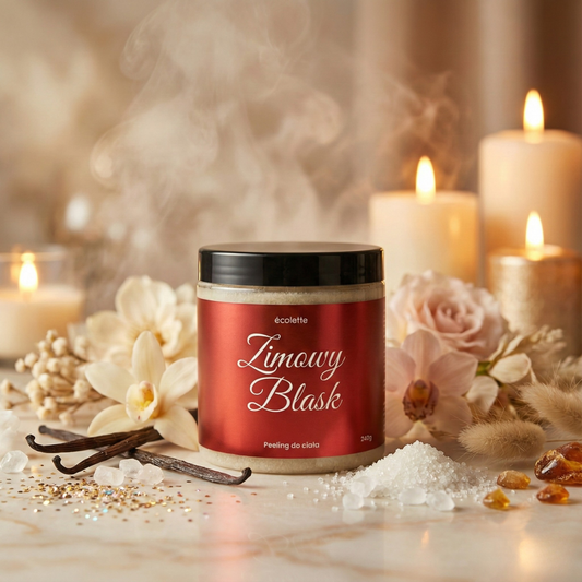 Peeling do ciała Zimowy Blask Écolette w zimowej aranżacji z wanilią, kwiatami i palącymi się świecami, otoczony kryształkami cukru i złotymi drobinkami.
