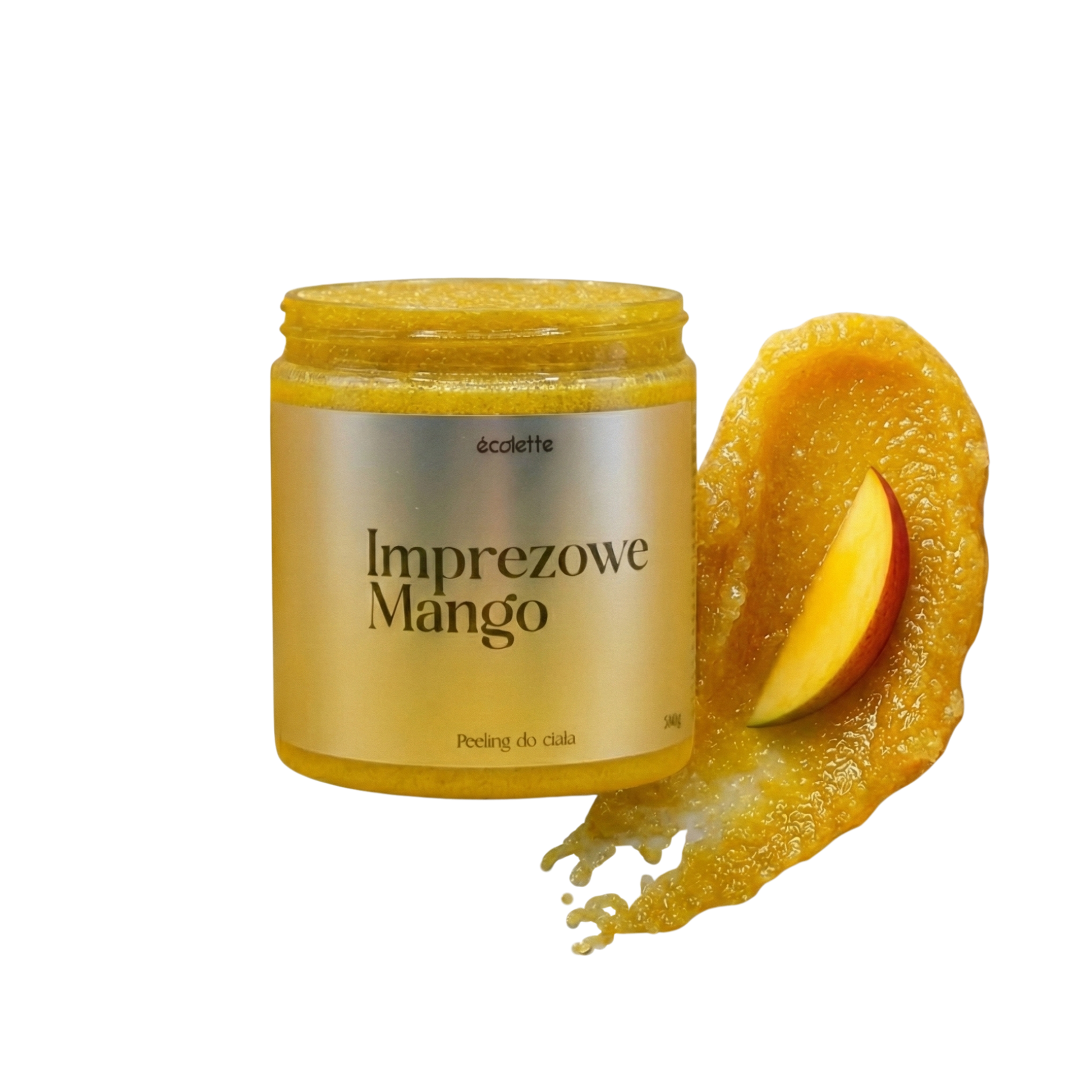 Peeling Imprezowe Mango Écolette z intensywnie żółtą, owocową strukturą cukrową.
