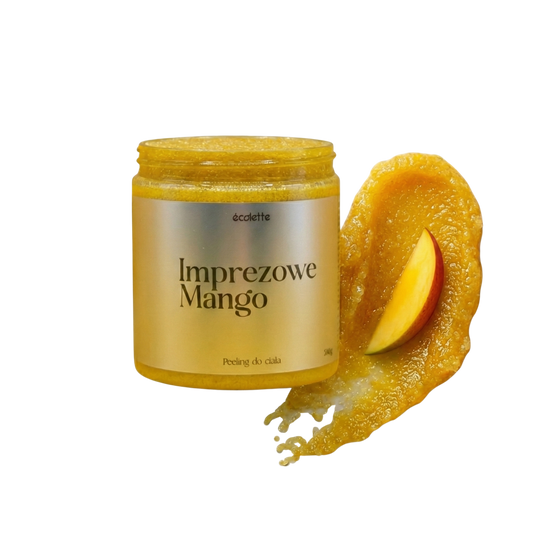 Peeling Imprezowe Mango Écolette z intensywnie żółtą, owocową strukturą cukrową.
