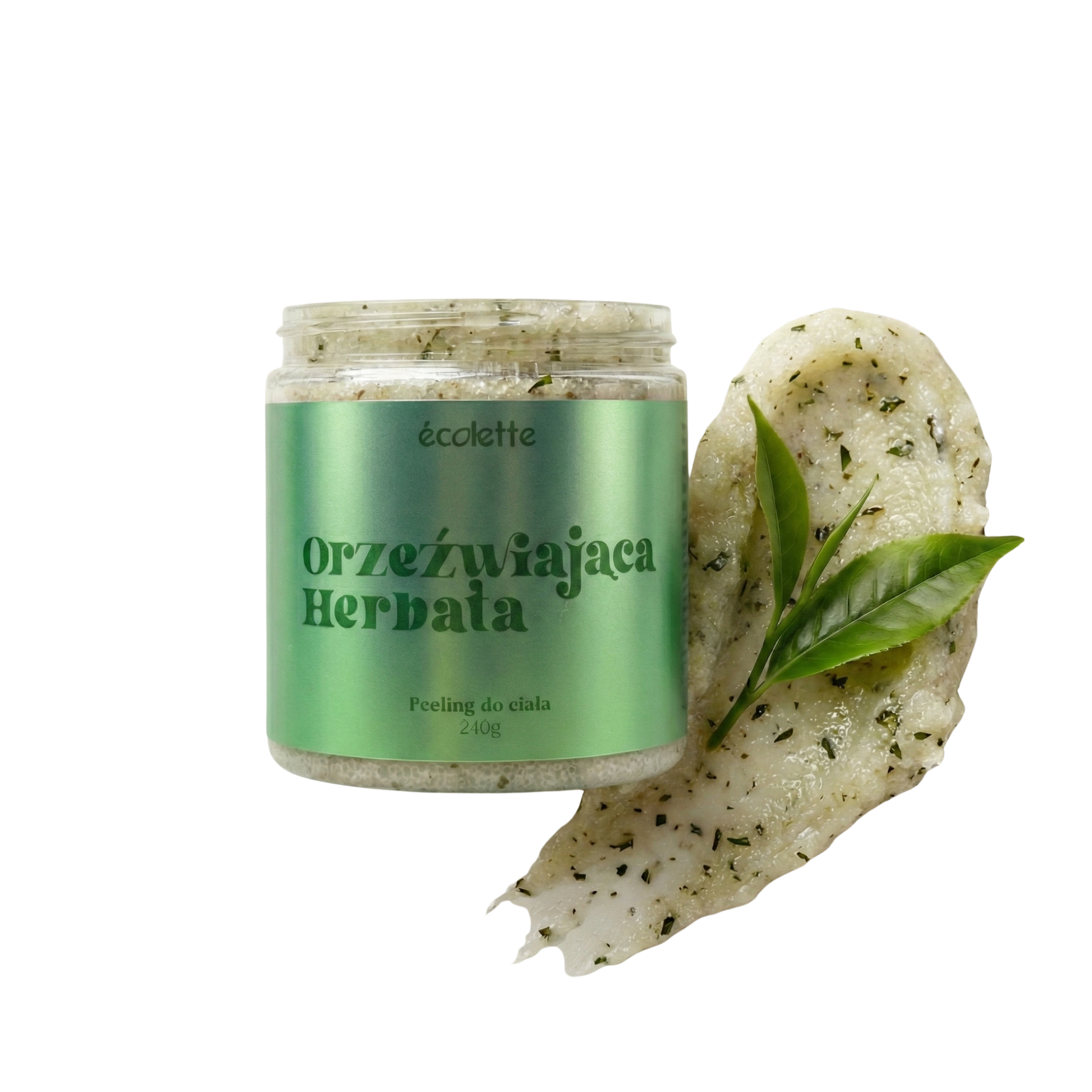 Peeling Orzeźwiająca Herbata Écolette z widoczną cukrową strukturą i liściem zielonej herbaty.
