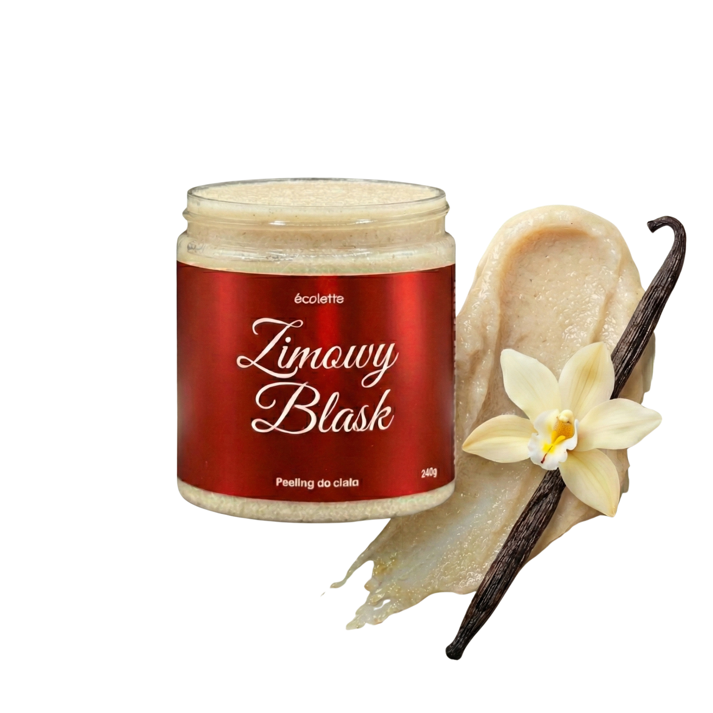 Peeling do ciała Zimowy Blask Écolette z cukrową strukturą o świątecznym, korzennym aromacie wanilii i przypraw.