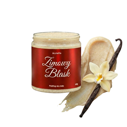 Peeling do ciała Zimowy Blask Écolette z cukrową strukturą o świątecznym, korzennym aromacie wanilii i przypraw.