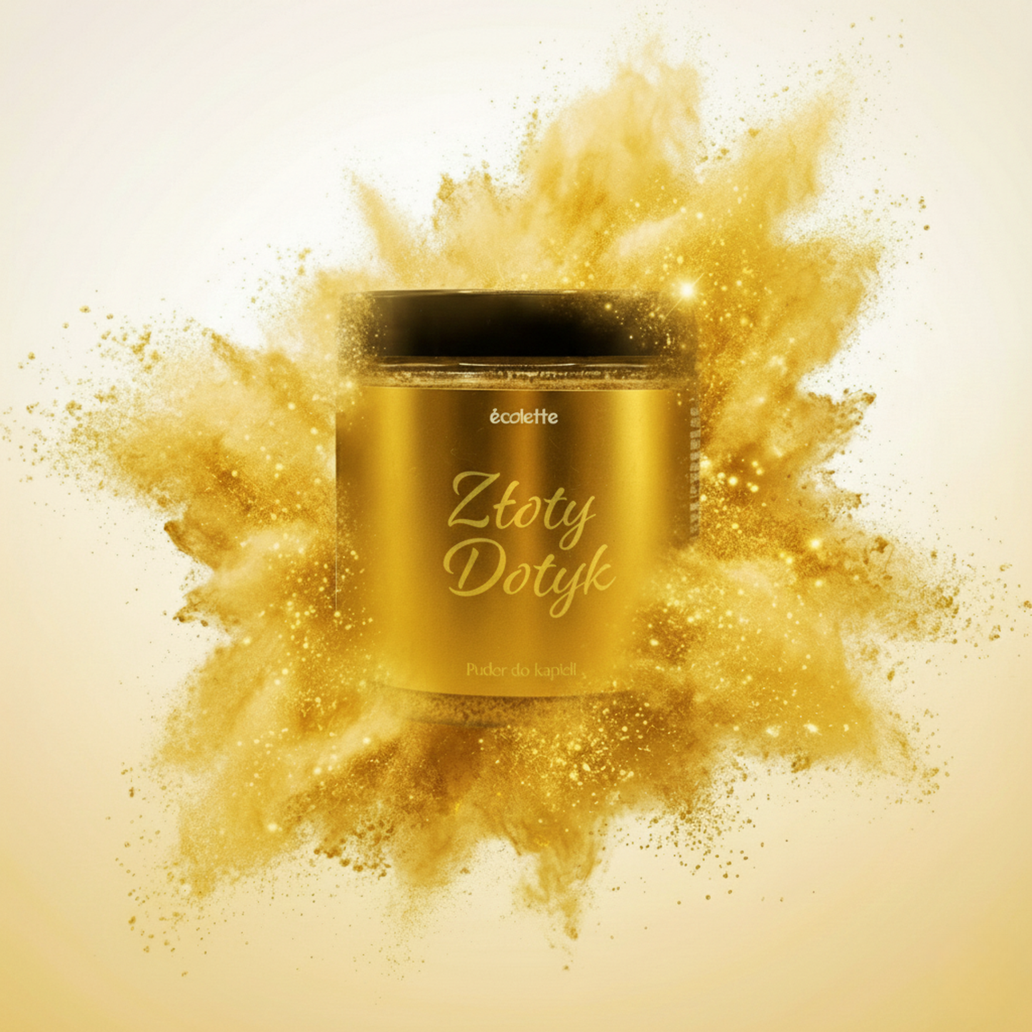 Puder do kąpieli Złoty Dotyk Écolette w aranżacji z wybuchem złotego pudru symbolizującego blask i elegancję.