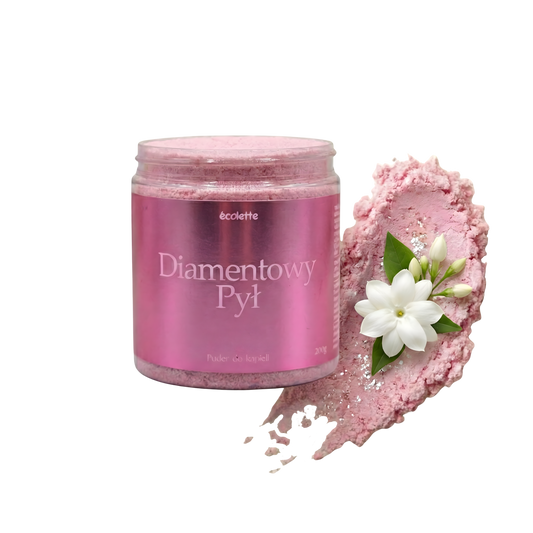 Puder Diamentowy Pył Écolette z perłowo-różową strukturą i mika rozświetlającą wodę.