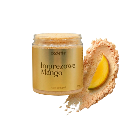 Puder do kąpieli Imprezowe Mango Écolette z drobną, owocową strukturą i soczystym aromatem mango.
