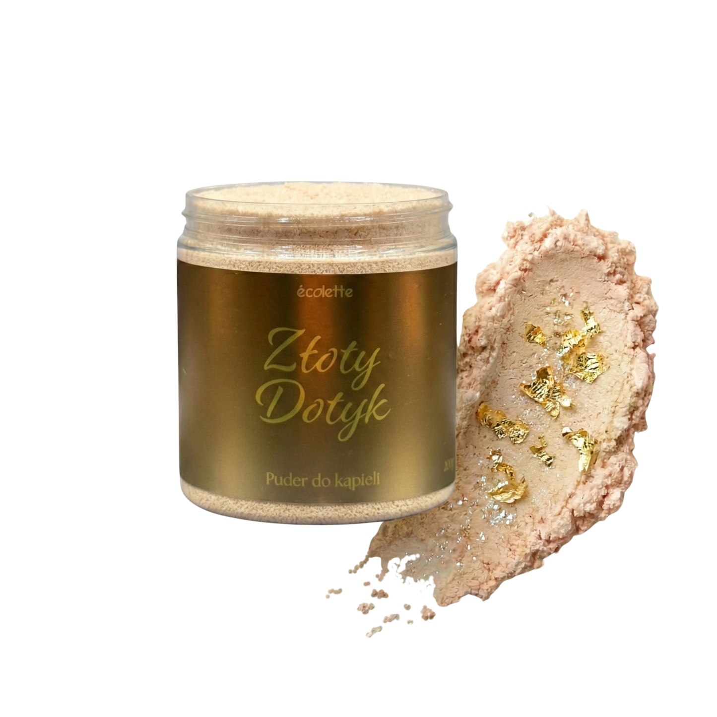 Puder Złoty Dotyk Écolette o złocistej strukturze z drobinkami rozświetlającymi wodę.