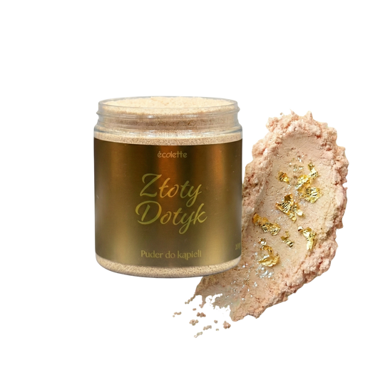 Puder Złoty Dotyk Écolette o złocistej strukturze z drobinkami rozświetlającymi wodę.