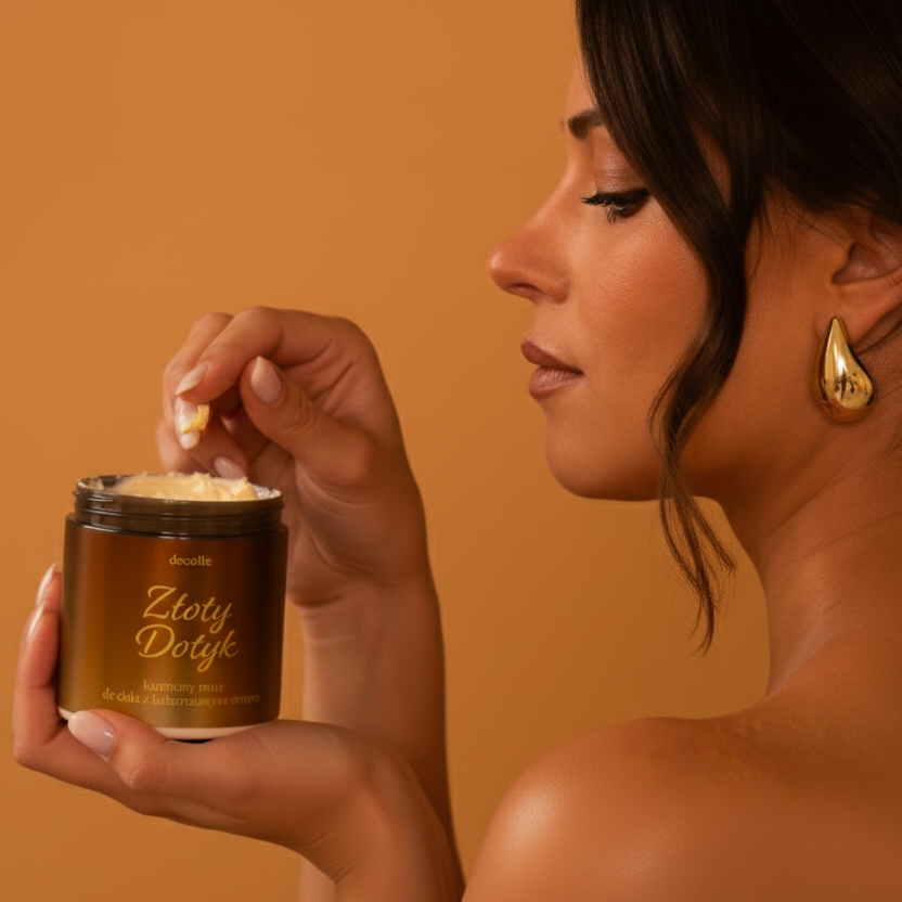 angelika głaczkowska prezentuje wegański mus do ciała Złoty Dotyk Écolette z 24-karatowym złotem, luksusowy kosmetyk o rozświetlającym działaniu.