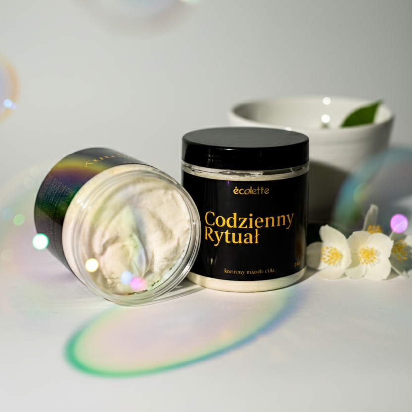 Naturalny mus do ciała Codzienny Rytuał Écolette z olejem arganowym i masłem shea, kremowa konsystencja i delikatny zapach.