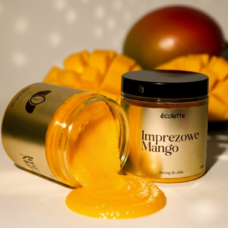 Naturalny peeling do ciała Imprezowe Mango Écolette Cosmetics z masłem shea i olejami roślinnymi, otoczony świeżym mango.