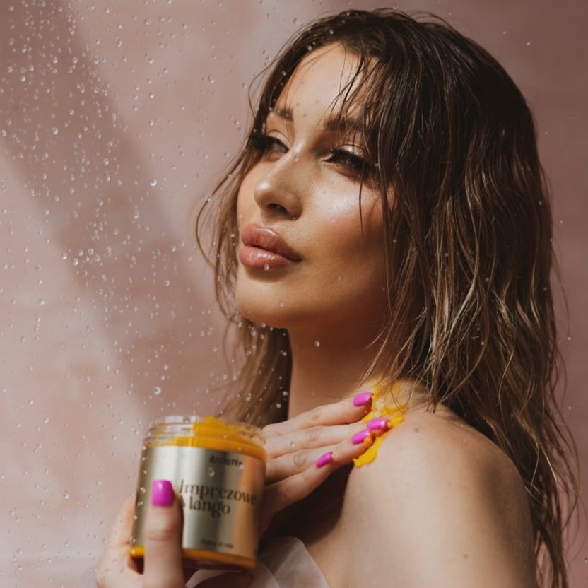 Kobieta używająca naturalnego peelingu do ciała Imprezowe Mango Écolette podczas kąpieli, pielęgnacja skóry z zapachem mango.