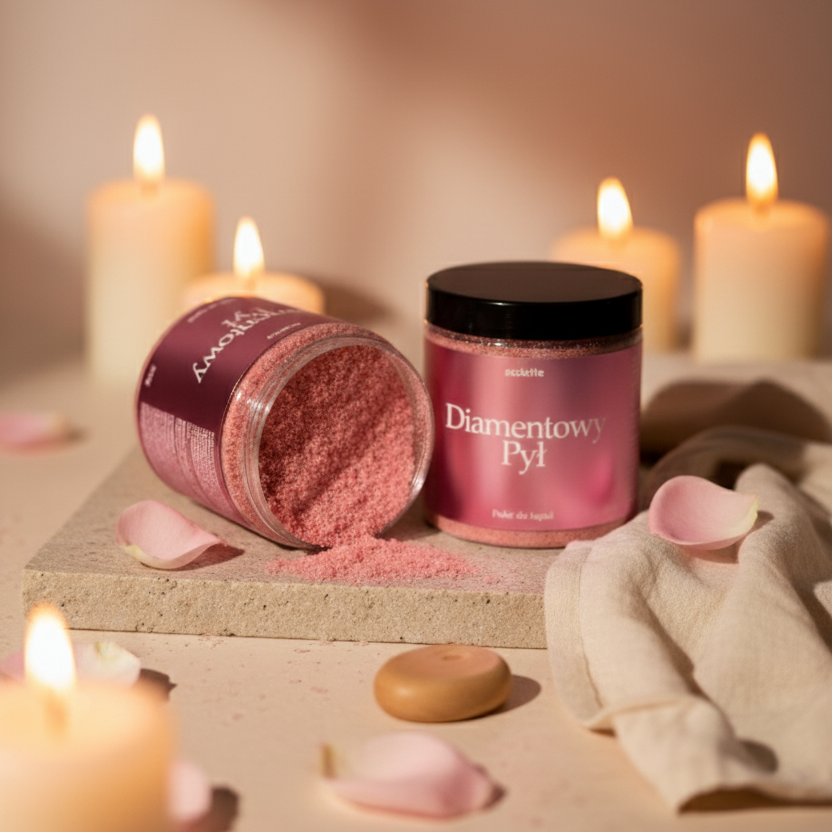 Naturalny puder do kąpieli Diamentowy Pył Écolette z olejem migdałowym i miką, luksusowy rytuał relaksu w blasku świec.